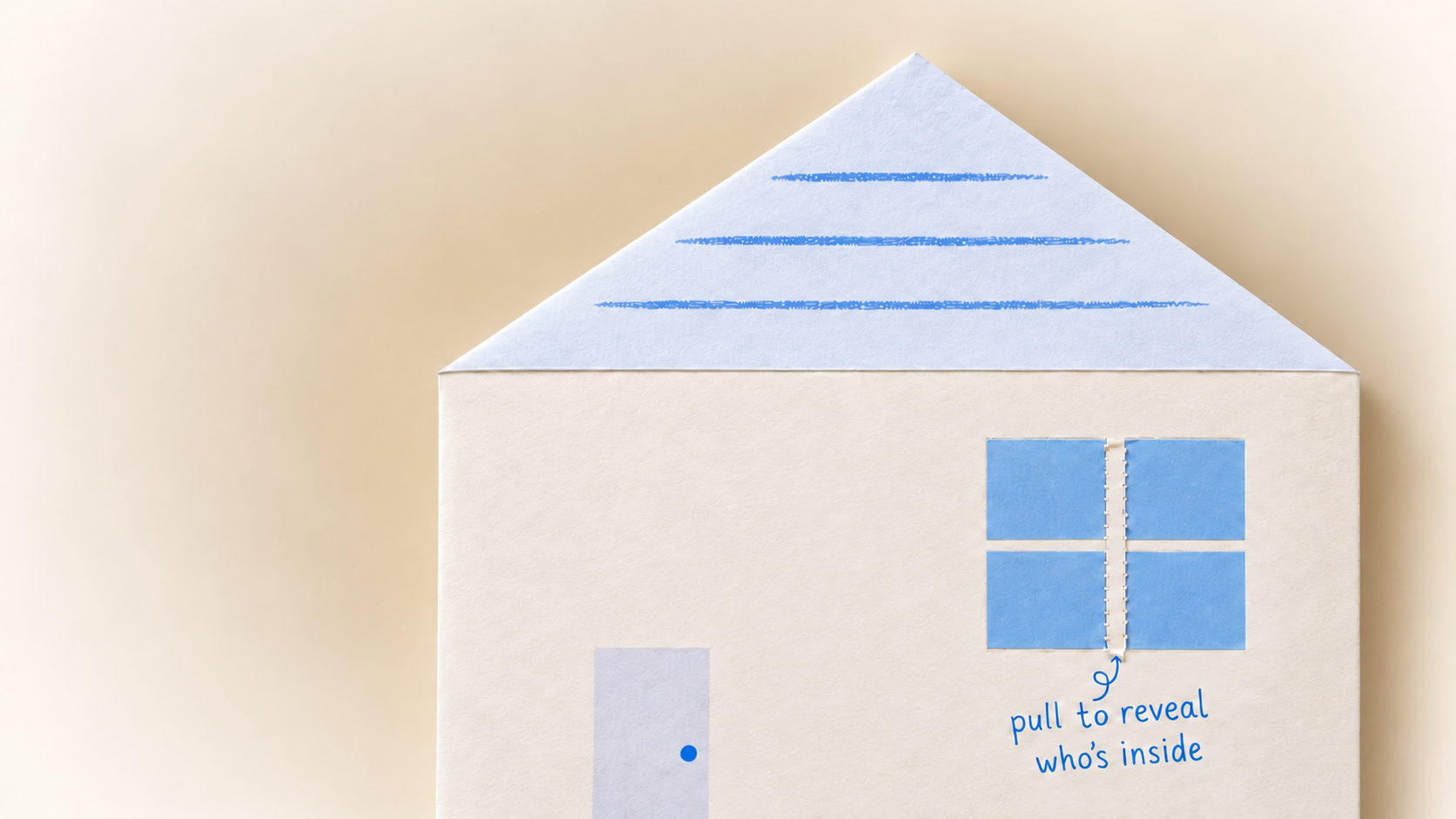 Little Joys At Home house-shaped paper envelope with its blue window and intact tear strip